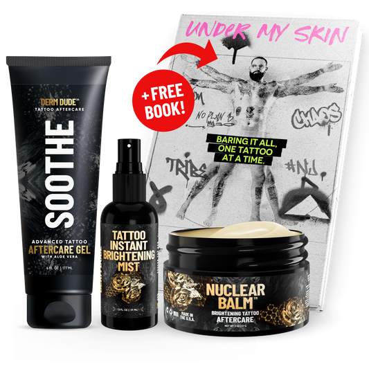 The Derm Dude Tattoo Starter Set includes three essential tattoo care products: "SOOTHE" Advanced Tattoo Aftercare Gel with aloe vera, "Tattoo Instant Brightening Mist" for revitalizing tattoo vibrancy, and "Nuclear Balm" Brightening Tattoo Aftercare. The kit also features a free book titled Under My Skin: Baring It All, One Tattoo at a Time, showcasing tattoo art and culture. Perfect for tattoo aftercare and maintenance to keep your ink looking bold and fresh.